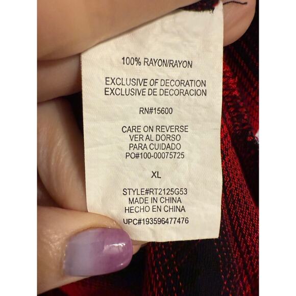 reCreation Womans XL Red Buffalo Plaid Crochet Velour Tassel Balloon Sleeve Top - Picture 6 of 11